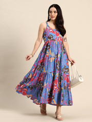 Blue Floral Printed Round Neck Tiered Fit & Flare Midi Ethnic Dress