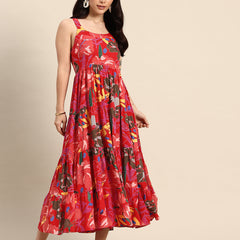 Blue Floral Printed Round Neck Tiered Fit & Flare Midi Ethnic Dress