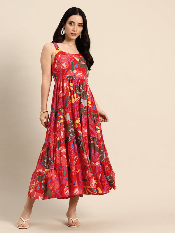 Blue Floral Printed Round Neck Tiered Fit & Flare Midi Ethnic Dress