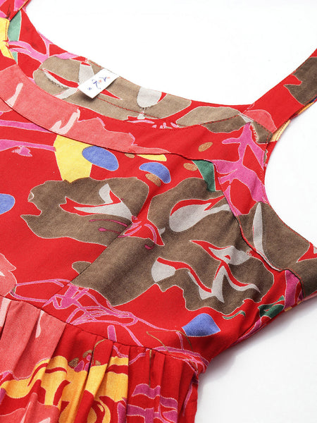 Red Floral Printed Round Neck Tiered Fit & Flare Midi Ethnic Dress