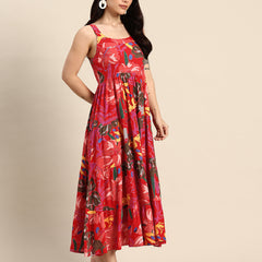 Blue Floral Printed Round Neck Tiered Fit & Flare Midi Ethnic Dress