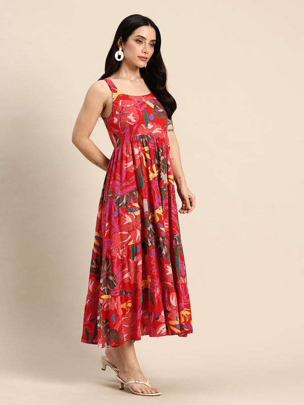 Blue Floral Printed Round Neck Tiered Fit & Flare Midi Ethnic Dress