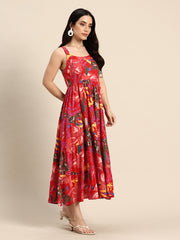 Red Floral Printed Round Neck Tiered Fit & Flare Midi Ethnic Dress