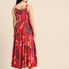 Blue Floral Printed Round Neck Tiered Fit & Flare Midi Ethnic Dress