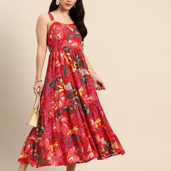 Blue Floral Printed Round Neck Tiered Fit & Flare Midi Ethnic Dress