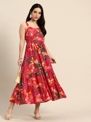 Red Floral Printed Round Neck Tiered Fit & Flare Midi Ethnic Dress