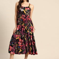 Blue Floral Printed Round Neck Tiered Fit & Flare Midi Ethnic Dress