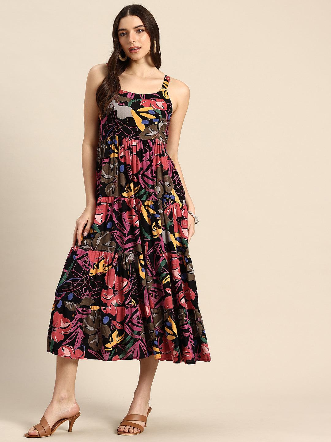 Green Floral Printed Round Neck Tiered Fit & Flare Midi Ethnic Dress