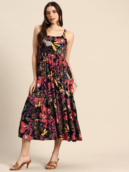 Green Floral Printed Round Neck Tiered Fit & Flare Midi Ethnic Dress