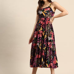 Blue Floral Printed Round Neck Tiered Fit & Flare Midi Ethnic Dress