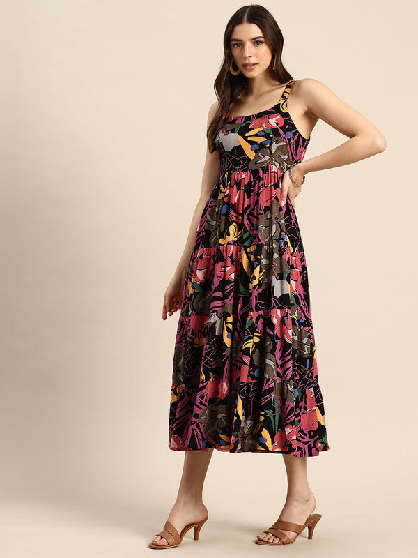 Blue Floral Printed Round Neck Tiered Fit & Flare Midi Ethnic Dress