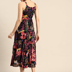 Blue Floral Printed Round Neck Tiered Fit & Flare Midi Ethnic Dress