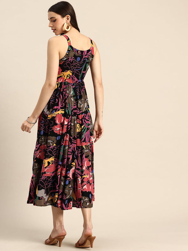 Blue Floral Printed Round Neck Tiered Fit & Flare Midi Ethnic Dress