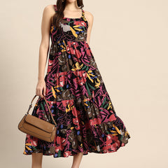 Blue Floral Printed Round Neck Tiered Fit & Flare Midi Ethnic Dress