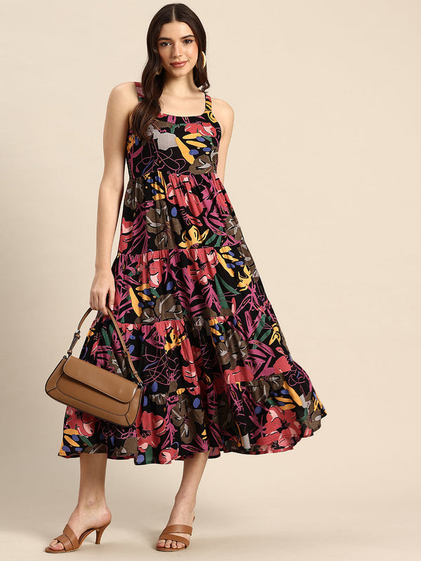 Blue Floral Printed Round Neck Tiered Fit & Flare Midi Ethnic Dress
