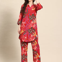 Red Floral Printed Tunic With Trousers