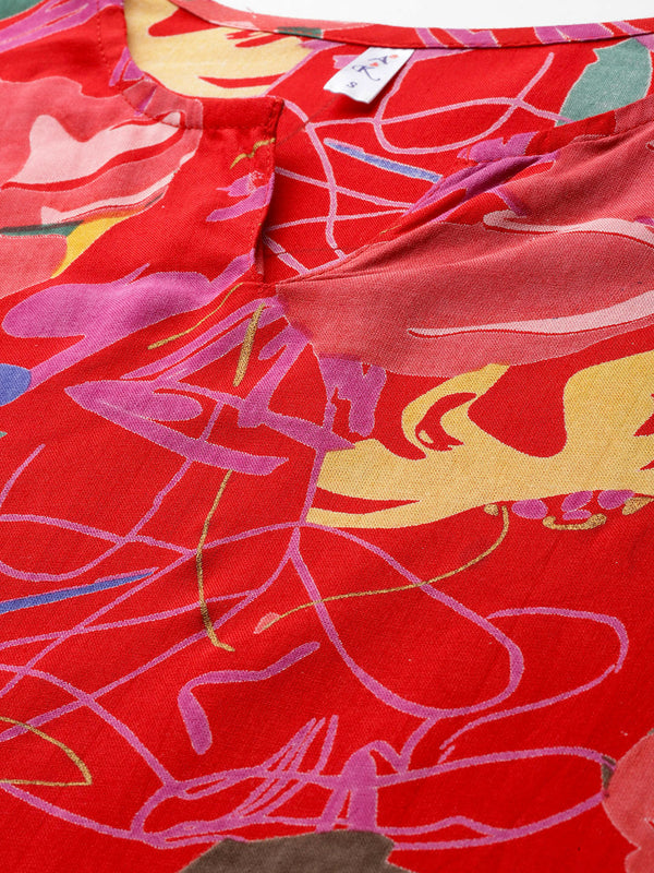 Red Floral Printed Tunic With Trousers