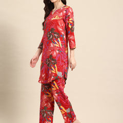 Red Floral Printed Tunic With Trousers