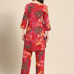 Red Floral Printed Tunic With Trousers