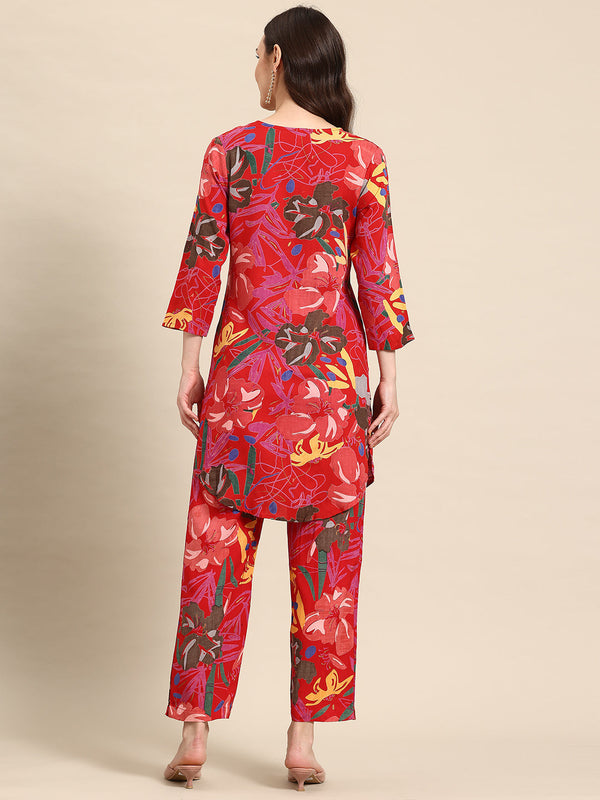 Red Floral Printed Tunic With Trousers