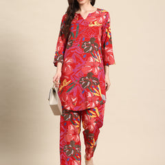 Red Floral Printed Tunic With Trousers