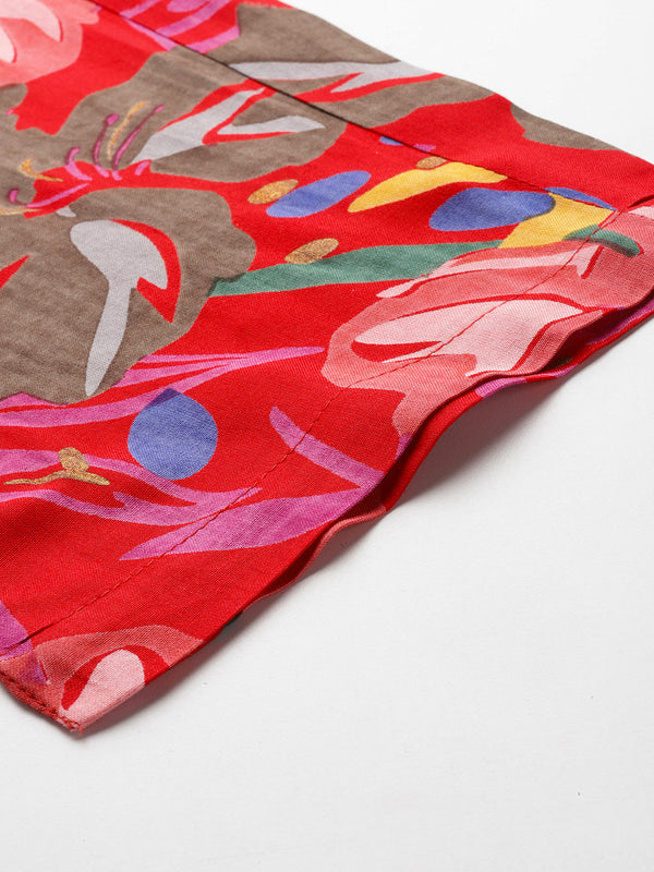 Red Floral Printed Tunic With Trousers