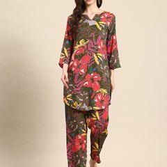 Green & Brown Floral Printed Tunic With Trousers