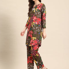 Green & Brown Floral Printed Tunic With Trousers