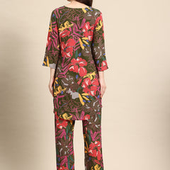 Green & Brown Floral Printed Tunic With Trousers