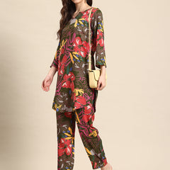 Green & Brown Floral Printed Tunic With Trousers