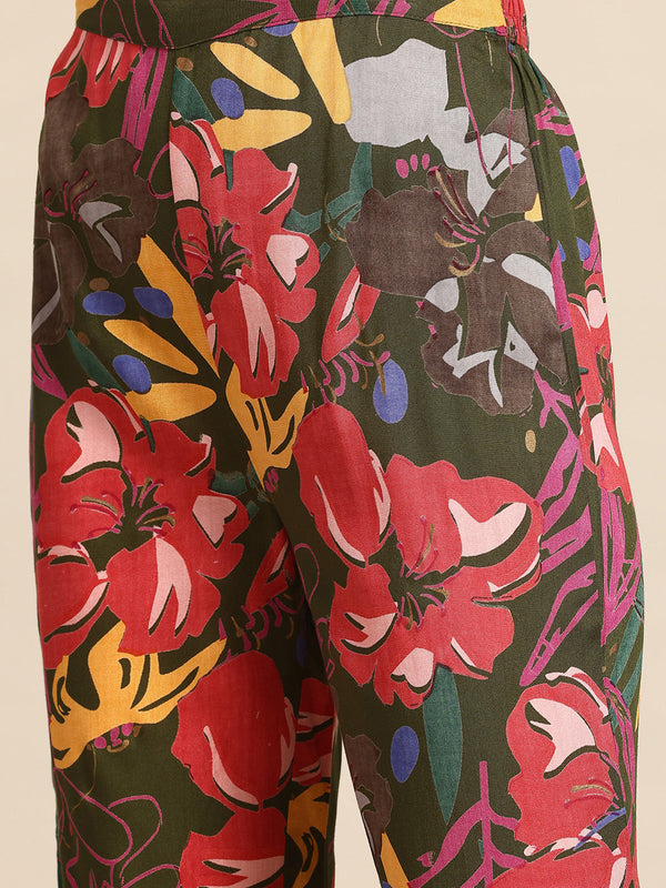 Green & Brown Floral Printed Tunic With Trousers