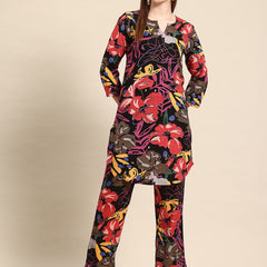 Black Casual Floral Printed Tunic With Trousers
