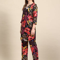 Black Casual Floral Printed Tunic With Trousers