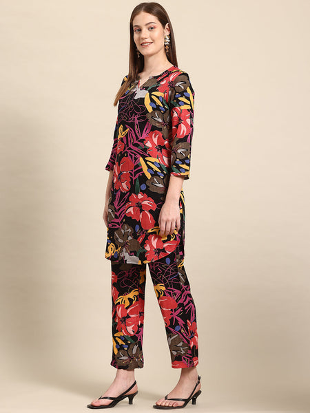 Black Casual Floral Printed Tunic With Trousers