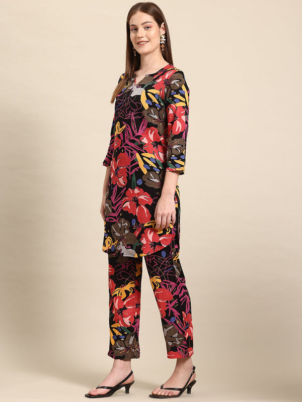 Black Casual Floral Printed Tunic With Trousers