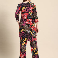 Black Casual Floral Printed Tunic With Trousers