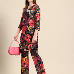 Black Casual Floral Printed Tunic With Trousers
