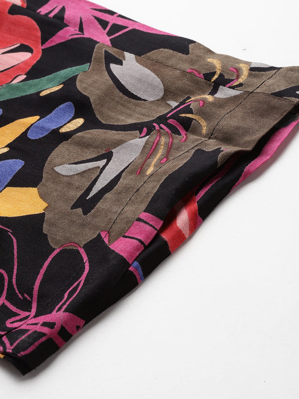 Black Casual Floral Printed Tunic With Trousers