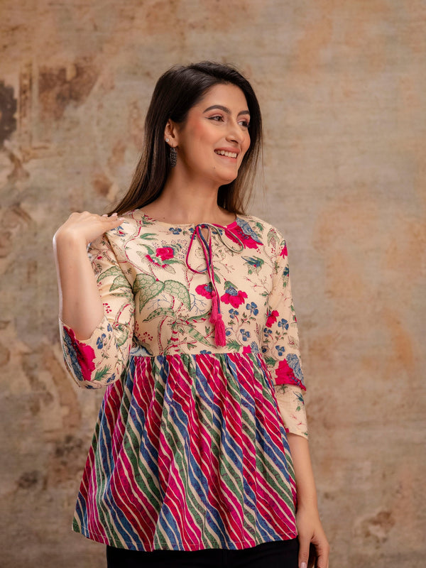 Floral Print Tie-Up Neck Peplum Top