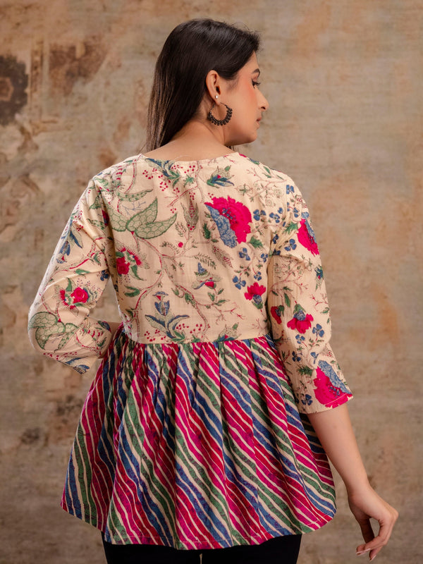 Floral Print Tie-Up Neck Peplum Top