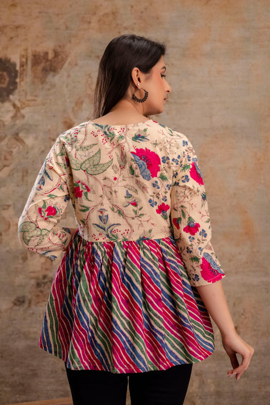 Floral Print Tie-Up Neck Peplum Top