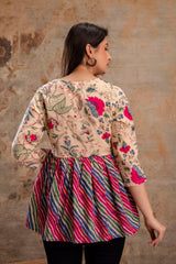 Floral Print Tie-Up Neck Peplum Top