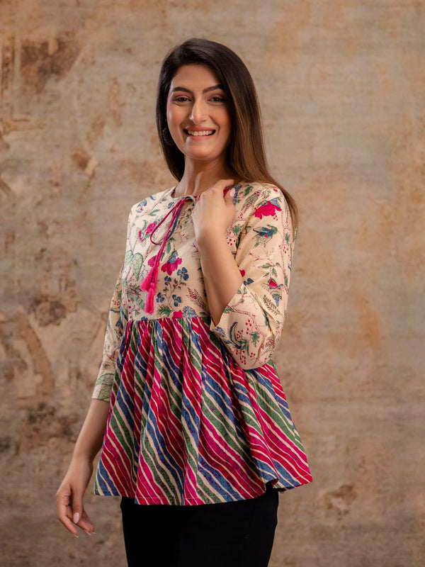 Floral Print Tie-Up Neck Peplum Top