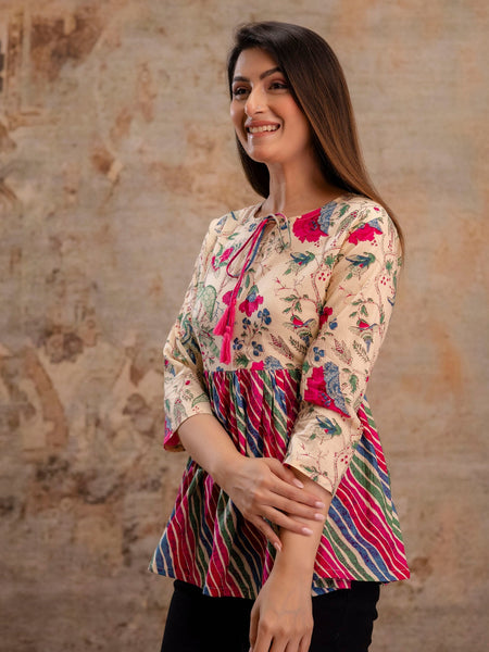 Floral Print Tie-Up Neck Peplum Top