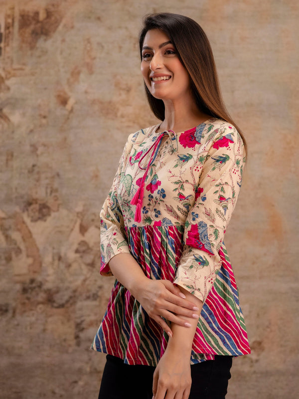 Floral Print Tie-Up Neck Peplum Top