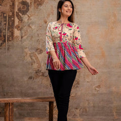 Floral Print Tie-Up Neck Peplum Top