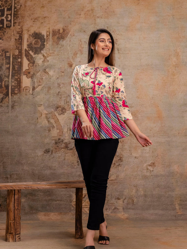 Floral Print Tie-Up Neck Peplum Top