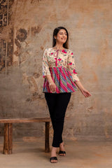 Floral Print Tie-Up Neck Peplum Top