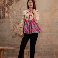 Floral Print Tie-Up Neck Peplum Top