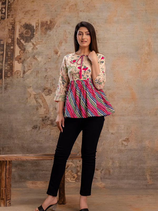 Floral Print Tie-Up Neck Peplum Top
